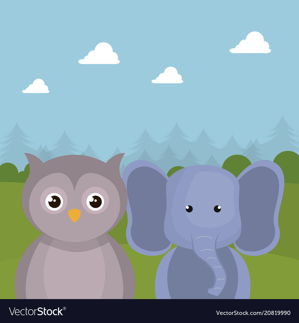 Niedlicher Elefant und Eule in der Feldlandschaft vector image Niedlicher Elefant und Eule in der Feldlandschaft