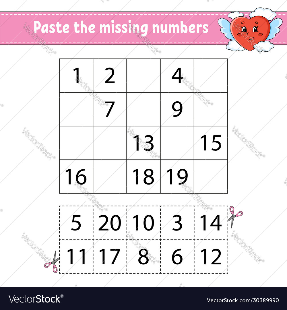Paste missing numbers 1-20 game for children vector image Paste missing numbers 1-20 game for children