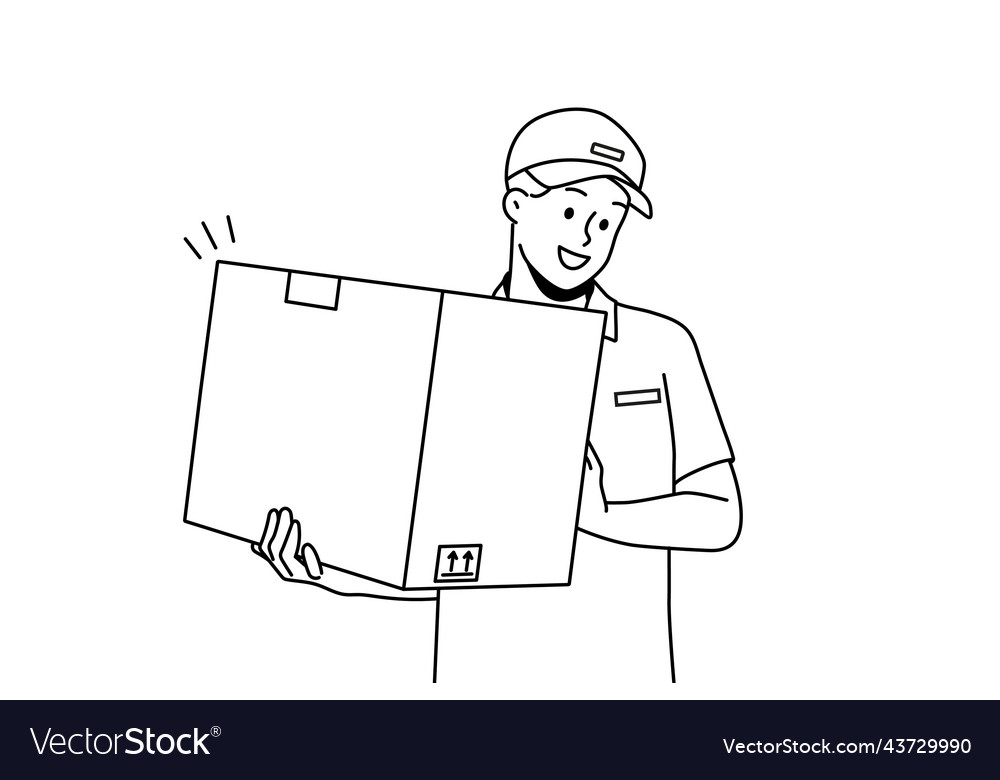 Smiling deliveryman with box in hands Vector Image Smiling deliveryman with box in hands