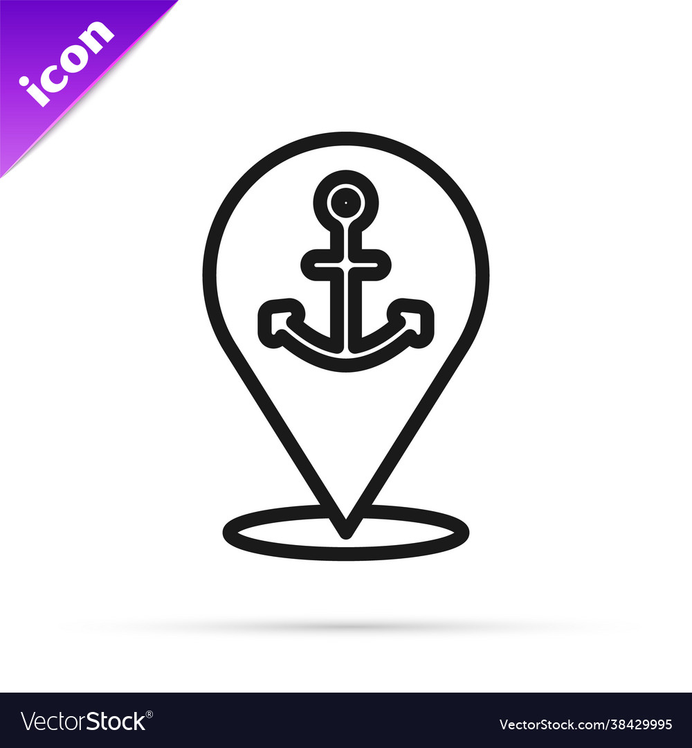 Black line map pointer with anchor icon isolated vector image Black line map pointer with anchor icon isolated