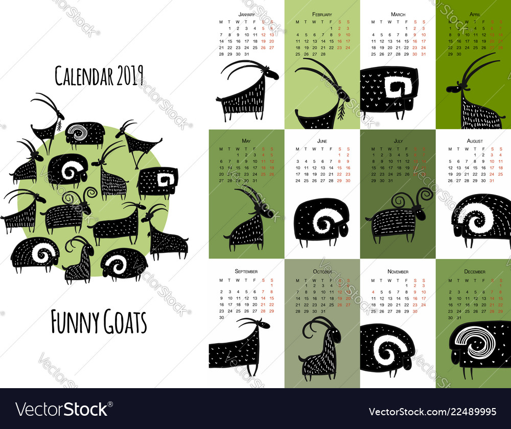 Funny goats calendar 2019 design Royalty Free Vector Image