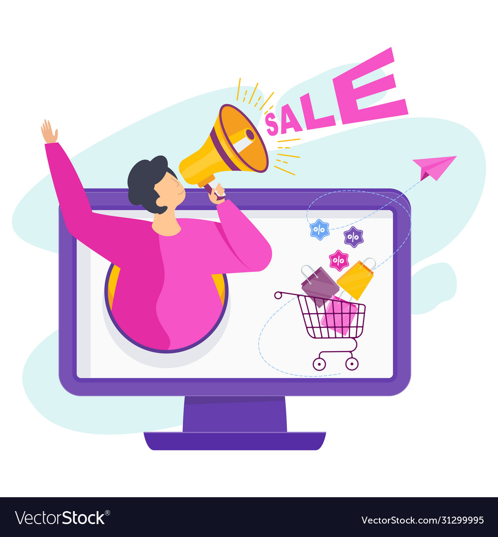 Man with a megaphone climbs out computer Vector Image Man with a megaphone climbs out computer