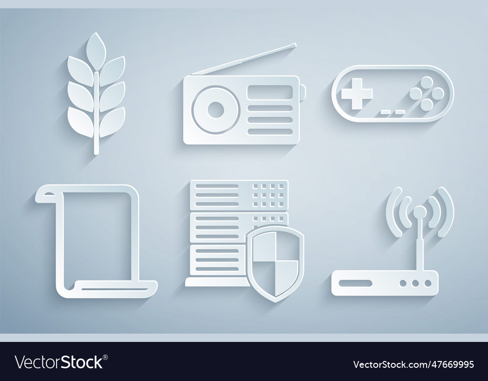 Set server with shield gamepad paper scroll vector image Set server with shield gamepad paper scroll
