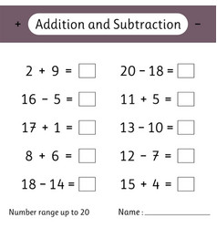 Subtraction number range up to 20 math worksheet Vector Image