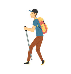 Man with backpack pointing with his finger hiking Vector Image