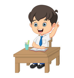 Happy cute little student boy raising his hand Vector Image