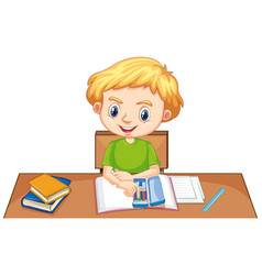 One happy boy doing homework on desk Royalty Free Vector