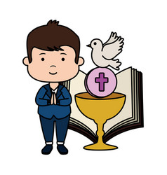 Little boy with bible and chalice first communion Vector Image