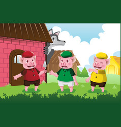 Three Little Pigs And Blowing Wolf Royalty Free Vector Image