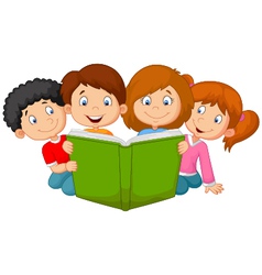 Cartoon kids reading book with giant book backgrou