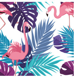 Pink flamingo birds green monstera leaves pattern Vector Image