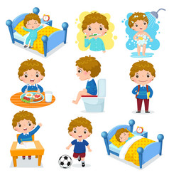 Child morning daily routine with cute cartoon boy Vector Image