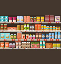 Supermarket shelves with products and drinks flat Vector Image