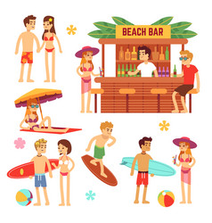 Sunbathing playing and swimming people in summer Vector Image