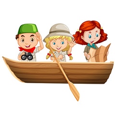 Three kids looking at map Royalty Free Vector Image