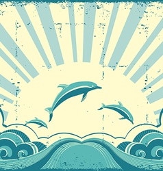 grunge nature poster with dolphins in ocean vector image