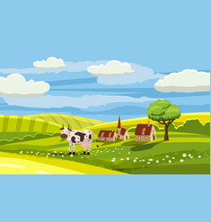 Cute rural landscape with farm cow flowers Vector Image