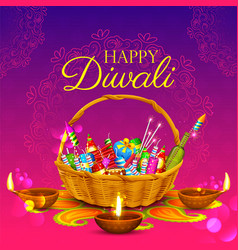 Burning diya and firecracker on happy diwali Vector Image