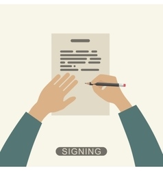 Human hand holding a pencil and signing contract Vector Image