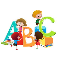 Children with english alphabets blocks Royalty Free Vector