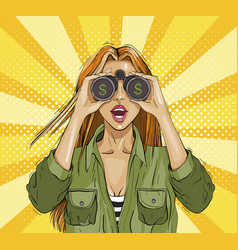 Pop art surprised woman with binoculars Royalty Free Vector