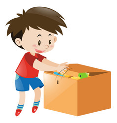 Happy boy pushing wooden box Royalty Free Vector Image