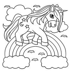 Unicorn standing under the rainbow coloring page Vector Image