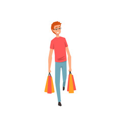 Young man carrying heavy shopping bags guy Vector Image