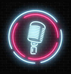 Neon sign with microphone in round frame Vector Image