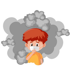 Boy wearing mask standing in dirty smoke in Vector Image