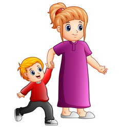 Cartoon boy standing and holding hands on hips Vector Image