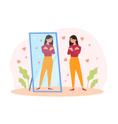 Self-acceptance woman hugging with her reflection Vector Image