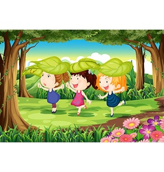 Five girls playing in the middle of the forest Vector Image