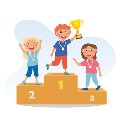 Little boy cartoon celebrates his golden medal Vector Image