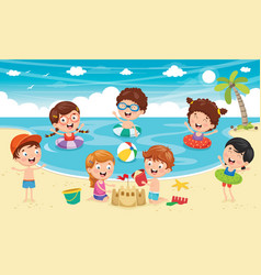 Of kids playing at beach and se Royalty Free Vector Image