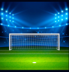 Soccer ball on green football field on stadium Vector Image