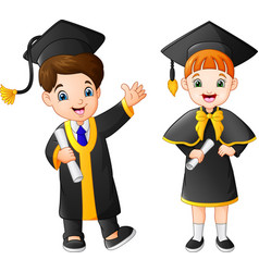 Cartoon boy and girl in graduation costume Vector Image