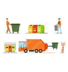 Garbage collection service man in a uniform takes Vector Image