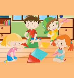 Many Kids Folding Paper Craft In The Room Vector Image