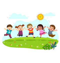 Happy kids jumping together during a sunny day Vector Image