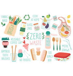 Zero waste eco friendly utensils flat icons set Vector Image