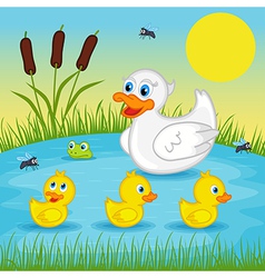 A duck with ducklings floats on lake Royalty Free Vector