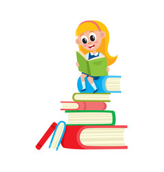 Little girl sitting on top of a pile of books Vector Image