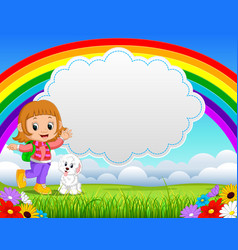 Cute boy with dog in park on rainbow day Vector Image