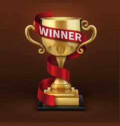 Realistic golden trophy with winner ribbon Vector Image