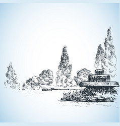 Water fountain in a park hand drawing park alley Vector Image