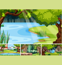 Garden scene with pond and flowers Royalty Free Vector Image