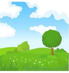 Summer background with green grass blue sky clouds