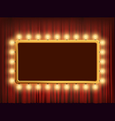 Gold frame with light bulbs on red velvet curtain Vector Image