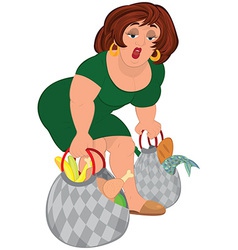 Cartoon young fat woman in green dress barefoot Vector Image